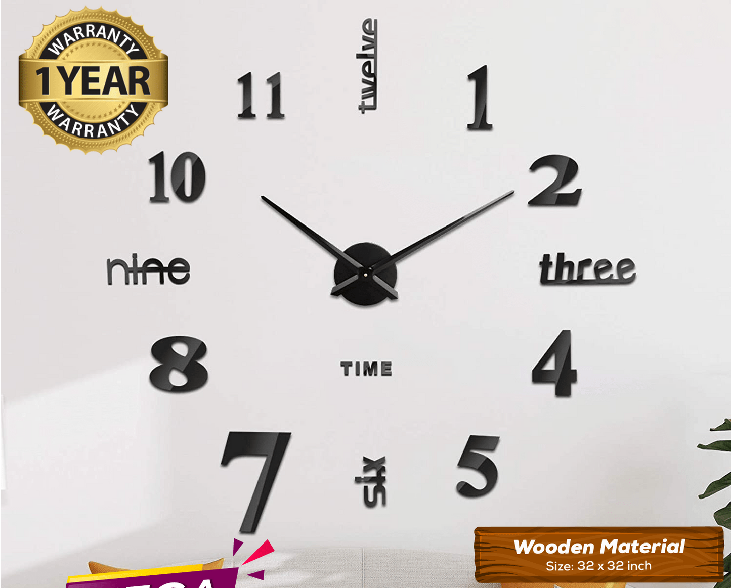 LARGE SIZE WOODEN DIY CLOCK WITH 12 INCHES NEEDLES