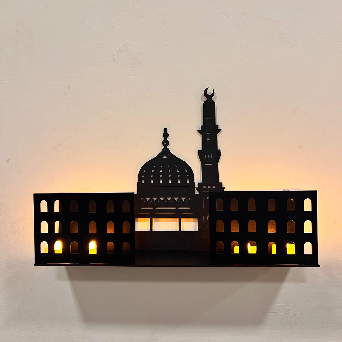 3D Islamic Wooden Shelves – Khana Kaba & Roza Rasool (SAW) Design with 4 LED Candles